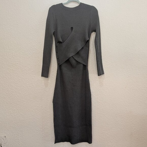 Astr the Label Long Sleeve Sweater Dress Grey Ribbed Midi Bodycon XL  Cutouts - Picture 12 of 12